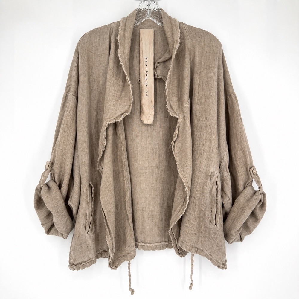 Sanctamuerte Linen Open Front Jacket Taupe Raw Edge Roll Tab‎ Cinch Waist XS/S